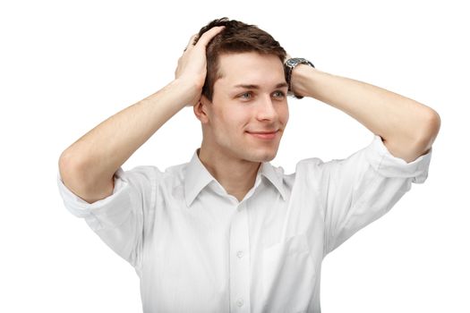 Closeup portrait of male customer service representative or call centre worker or operator or support staff isolated on white background