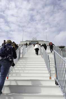 ROTTERDAM,HOLLAND-MAY 18, Unidentified  people at a giant staircase with 180 steps from the station to the Groothandelsgebouw on May 18 2016 in Rottrerdam, a nod to 75 years rebuilding the city