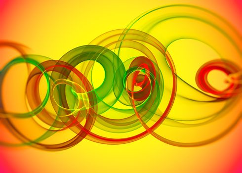 holyday glass transparent rainbow curved spiral and sircles over yellow orange Abstract Background.  horizontal Illustration
