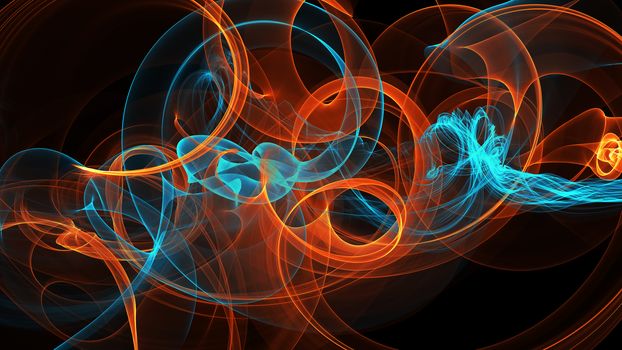 abstract blue and orange red smoke over black background with copyspace.