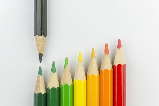 Conceptual crayons represented as successor energy label colors with black pencil that indicates the energy label
