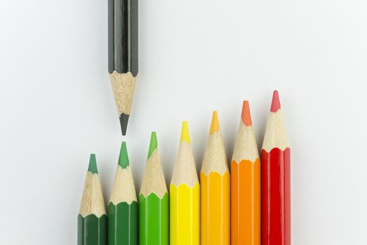 Conceptual crayons represented as successor energy label colors with black pencil that indicates the energy label
