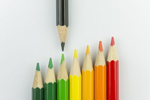 Conceptual crayons represented as successor energy label colors with black pencil that indicates the energy label
