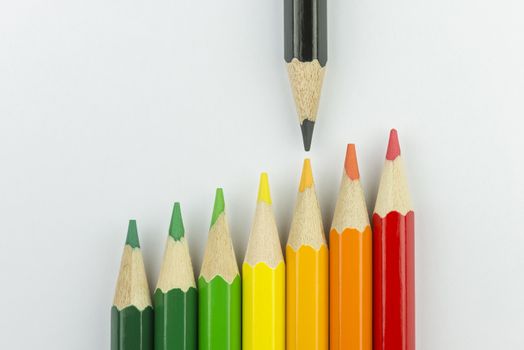 Conceptual crayons represented as successor energy label colors with black pencil that indicates the energy label
