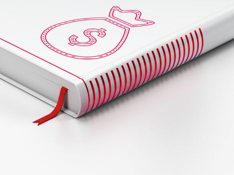 Banking concept: closed book with Red Money Bag icon on floor, white background, 3D rendering