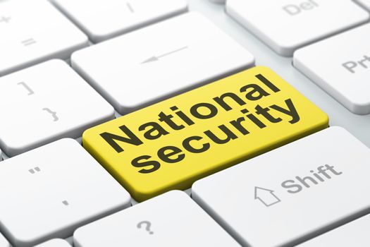 Protection concept: computer keyboard with word National Security, selected focus on enter button background, 3D rendering