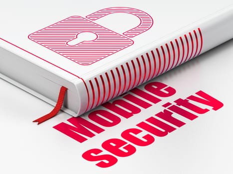 Security concept: closed book with Red Closed Padlock icon and text Mobile Security on floor, white background, 3D rendering