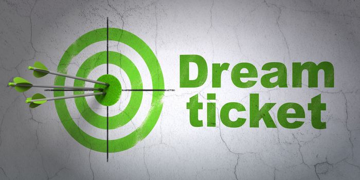 Success business concept: arrows hitting the center of target, Green Dream Ticket on wall background, 3D rendering