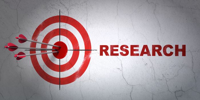 Success marketing concept: arrows hitting the center of target, Red Research on wall background, 3D rendering