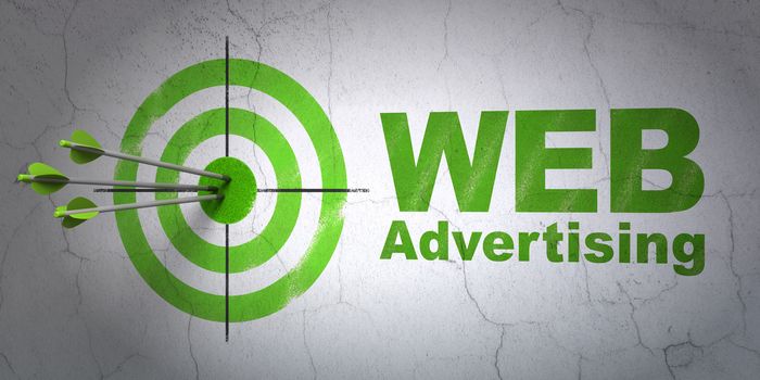 Success marketing concept: arrows hitting the center of target, Green WEB Advertising on wall background, 3D rendering