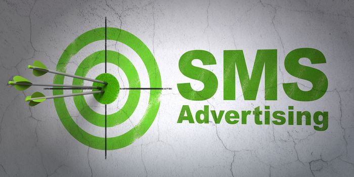 Success advertising concept: arrows hitting the center of target, Green SMS Advertising on wall background, 3D rendering