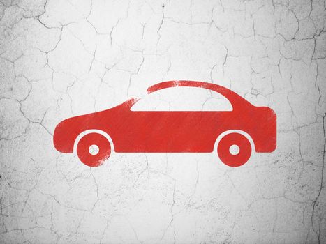 Tourism concept: Red Car on textured concrete wall background