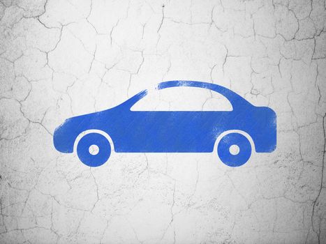 Vacation concept: Blue Car on textured concrete wall background