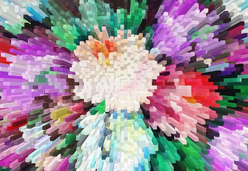 Impressionism painting with extrusion effect, colored floral background, bright colorful abstract, extrusion blocks and pyramids, the gradient for   background and texture, 3D extrusion floral patternrn