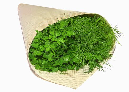 Parsley and dill, sezhaya greens in bags isolated on white background, cutting, plants for food