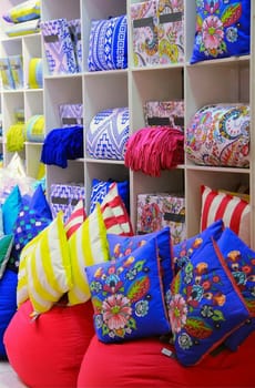 decorative pillows bright interior decoration for sale in a shop in the window
