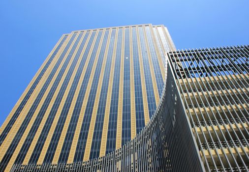 Luxury hotels and skyscrapers high-rise buildings United Arab Emirates Dubai 7 April 2014, view from below against the blue sky modern architecture soft focus