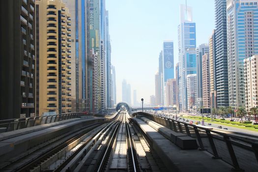 Metro Dubai, United Arab Emirates April 7, 2014, in view of the urban scene, the view from the train window soft focus