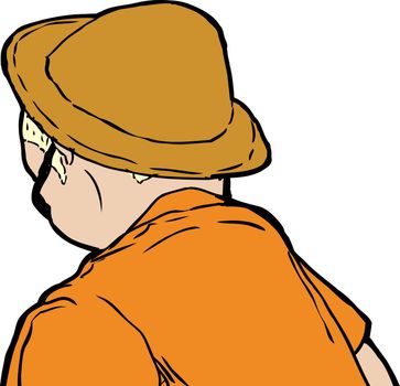 Blond man in brown hat and sunglasses from rear view looking downward