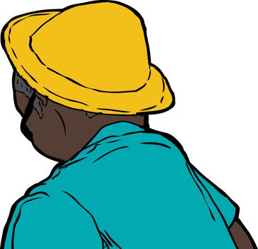 Rear view of man in yellow hat and green shirt over white background