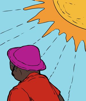 Single adult African man in purple hat and red shirt under bright sun