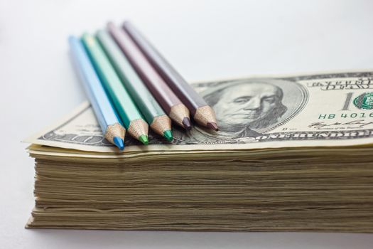 Production of counterfeit dollars, American hundred dollar stack, making counterfeit money is forbidden! Punishment - prison Creating fake dollar pencils