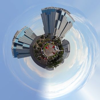 Planet of Main street in central Jakarta Indonesia. Little planet with cityscape concept. Tiny planet projection.
