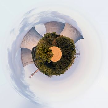 Planet of Cooling towers at the nuclear power plant in Dukovany, Czech republic. Little planet ecology concept. Tiny planet projection
