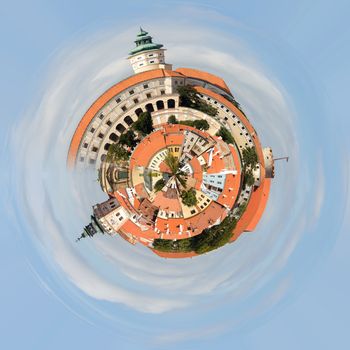 Planet of church in city Mikulov, South Moravia, in the Czech Republic. Little planet with old unesco city concept. Tiny planet projection