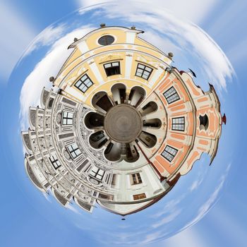 Planet of Telc, Czech Republic - Unesco city. A row of the houses on main square, Little planet with old historic houses, unesco concept. Tiny vintage city planet