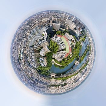Planet of very nice panorama of Paris France from Eiffel tower. Little planet with Paris cityscape view from Eiffel tower. Tiny planet concept.