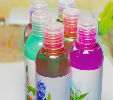 Group cosmetic bottles, cosmetic liquid, shower gels, shampoos, cosmetics and bottles for liquid soap