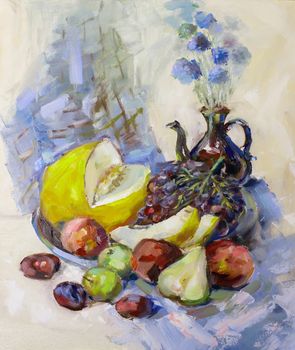 Texture painting oil painting on canvas, abstract oil still life, fine art impressionism, painted color image for wallpaper and backgrounds, the artist painting pattern flowers and fruits and vegetables