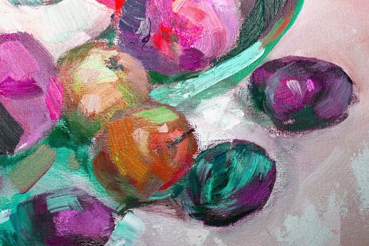 Texture painting oil painting on canvas, abstract oil still life, fine art impressionism, painted color image for wallpaper and backgrounds, the artist painting pattern flowers and fruits and vegetables