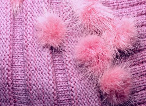 ribbed knit wool like texture with fur pompoms, textured knitted fabric knitted, Pattern Warm knitted women's clothes and accessories