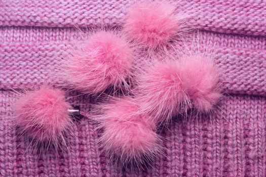 ribbed knit wool like texture with fur pompoms, textured knitted fabric knitted, Pattern Warm knitted women's clothes and accessories