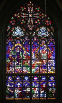 St. Severin and St. Martin, Stained glass in Votiv Kirche (The Votive Church). It is a neo-Gothic church located on the Ringstrabe in Vienna, Austria on October 11, 2014