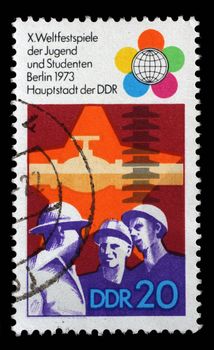 Stamp printed in GDR shows Festival Emblem of 10th Festival of Youths and Students, Berlin, circa 1973
