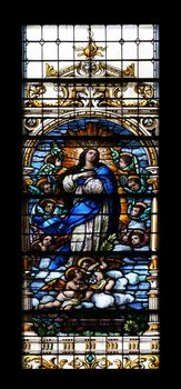 Assumption of the Virgin Mary, stained glass window in the Basilica of the Sacred Heart of Jesus in Zagreb, Croatia on December 27, 2013