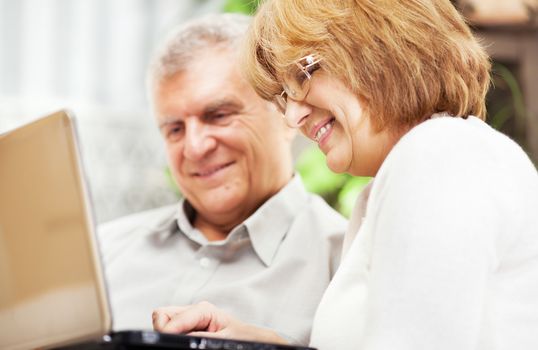 Happy senior couple using laptop at home