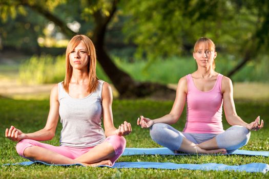 Two beautifu women meditating in the park