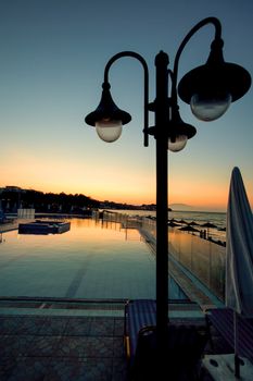 pool at night with beautiful dark lantern