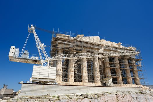 Reconstruction of Parthenon with scaffolding in Acropolis, Athens, Greece