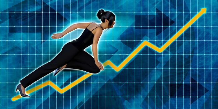 Asian Businesswoman Running with Chart Graph Background Art