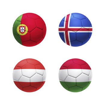 3D soccer ball with group F teams flags, isolated on white