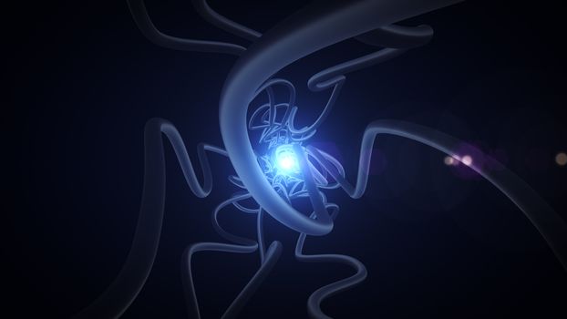  Fiber optic channels are leading to the bright sphere through the darkness Closeup 
