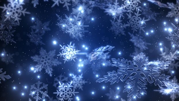 Natural Christmas snowflakes with a snowfall at the star night sky background