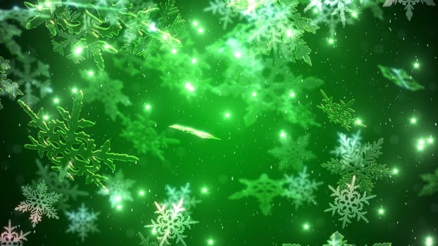snowflakes with a bright stars with a green background closeup