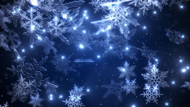 Snowfall with a  falling fluffy snowflakes  at the night sky closeup
