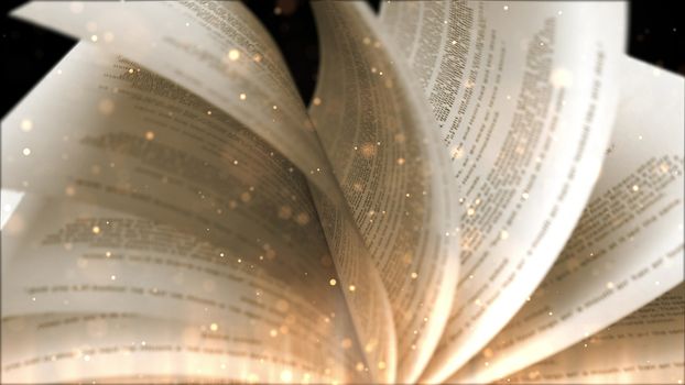 open book with turning pages and flying fairy dust against a black background isolated